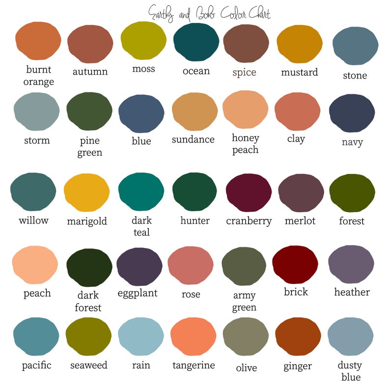 Puede incluir: Carta de colores con 36 muestras de colores diferentes, cada una con un nombre. Los colores est&aacute;n dispuestos en filas de seis, con los nombres de los colores escritos debajo de cada muestra. Los colores son principalmente tonos tierra, con algunos azules y verdes.
