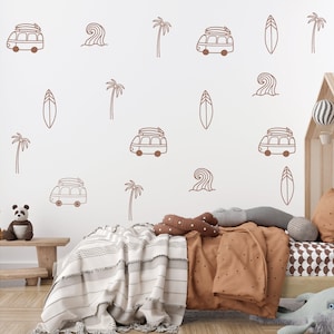 Retro Beach Wall Decals: Surf Van, Palm Tree, Wave (Set of 32)