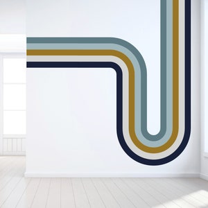 Wall Decal - Classic Retro Stripes Mural - Peel and Stick Wall Decals - Navy blue - Gold - Neutral - Blue Lines - Kids Room Decor