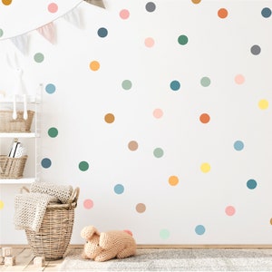 Puede incluir: Una pared blanca con lunares coloridos en varios tonos de azul, verde, naranja, rosa y amarillo. Los lunares est&aacute;n dispuestos en un patr&oacute;n aleatorio.