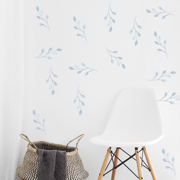 Calcomanías de hojas para pared - Pegatinas de hojas botánicas - Decoración de habitación bohemia - Pared de hojas de árbol - Calcomanías de hojas azul claro - Regalo para ella