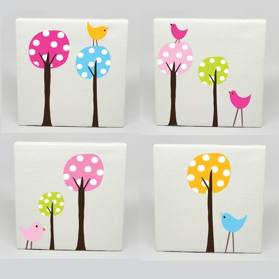 Kids Canvas Art Set of 4 Polka Dot Tree Birds Nursery Etsy