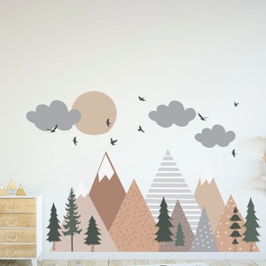 Mountain Wall Decals / Mountain Wall Mural / Boho Woodland / Forest / Pine Tree Fabric Wall Decal / Peel and Stick Vinyl Decals