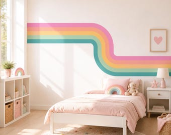 Wandtattoo mit pastellfarbenen Regenbogenstreifen, Retro-Wandbild für Mädchenzimmer, selbstklebende Dekoration