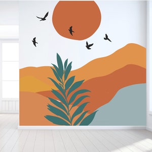 Wall Decals - Sunset Mountains Peel and Stick Wall Decal Mural - Removable Self Adhesive - Abstract - Tropical - Kids Nursery Decals