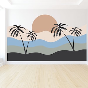 Palm Trees Mountain Sunset Wall Decal • Multiple Sizes Available • Free Color Changes