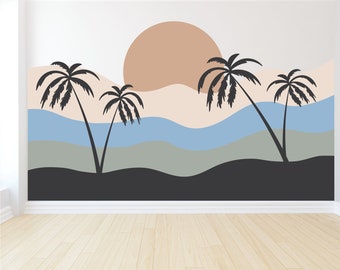 Wall Decal - Beach Stripe Mural - Palm Trees and Sun - Neutral Colors - Peel and Stick Fabric