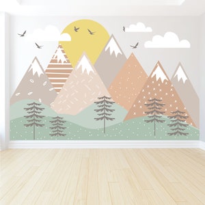 Mountain Wall Decals - Neutral Forest - Boho Colored Nursery Wall Decor - Mountain Mural - Peel and Stick Mountain Decals