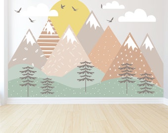 Mountain Wall Decals - Neutral Forest - Boho Colored Nursery Wall Decor - Mountain Mural - Peel and Stick Mountain Decals