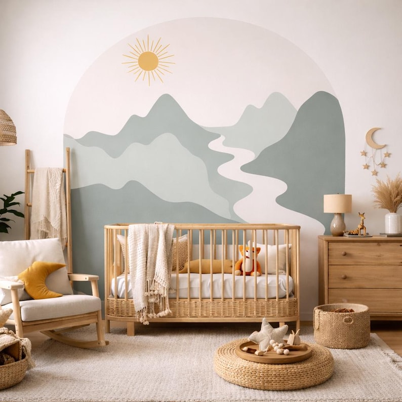 Boho Mountain Arch Nursery Wall Decal, Sage Green River Sun Mural - Etsy