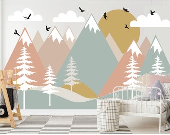 Mountain Wall Decals - Pastel and Neutrals Forest - Boho Colored Nursery Wall Decor - Mountain Mural - Peel and Stick Mountain Decals