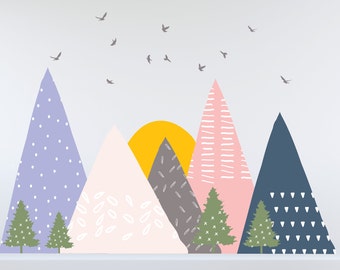 Wall Decal -- Colorful mountain wall decal with birds