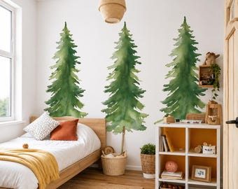 Forest Wall Decal Pine Trees, Peel and Stick Forest Mural, Watercolor Tree Wall Stickers, Woodland Kids Room Decor