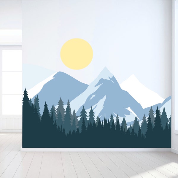 Mountain Wall Decal -  Large Mountain Wall Mural - Nursery Wall Decor - Peel and Stick Mural - Woodland Nursery Mural - Forest Wall Mural