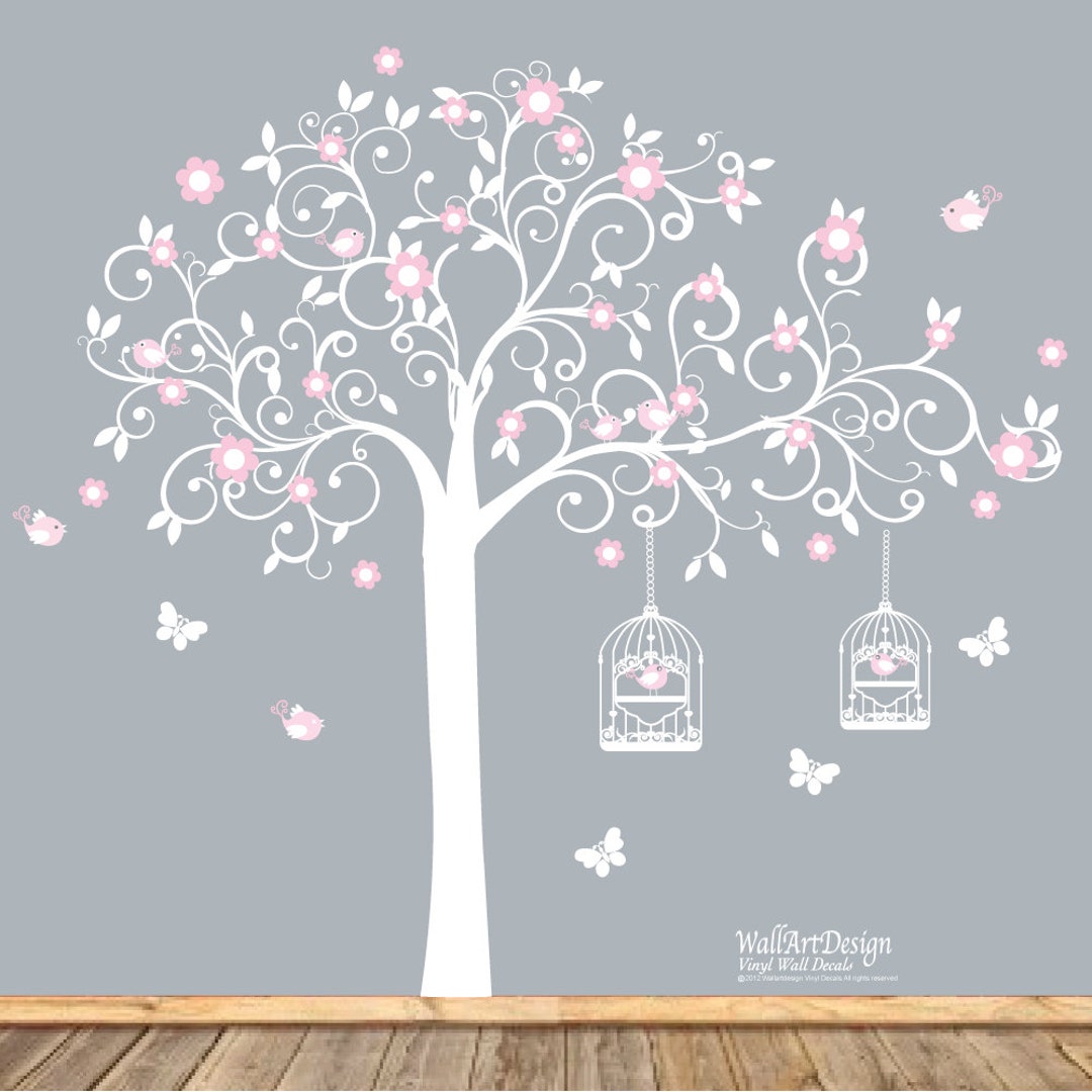 Vinyl Wall Decal White Swirl Tree With Pink Flowers Birds Nursery Vinyl ...