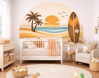 Vinilo decorativo de pared con arco y puesta de sol en la playa, arte mural de surf para habitación infantil, decoración costera para cuarto infantil, vinilo decorativo de tela autoadhesivo • Varios tamaños