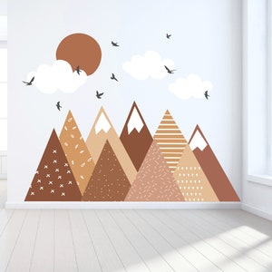 Mountain Wall Decals - Boho Browns Neutral Colored Nursery Wall Decor -  Patterned Mountain Mural - Peel and Stick Mountains