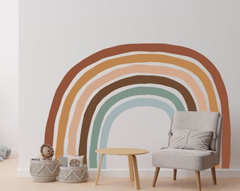 Large painted rainbow wall decal - Brown, sage, mustard, light blue colorful wall rainbow sticker - Removable wall mural