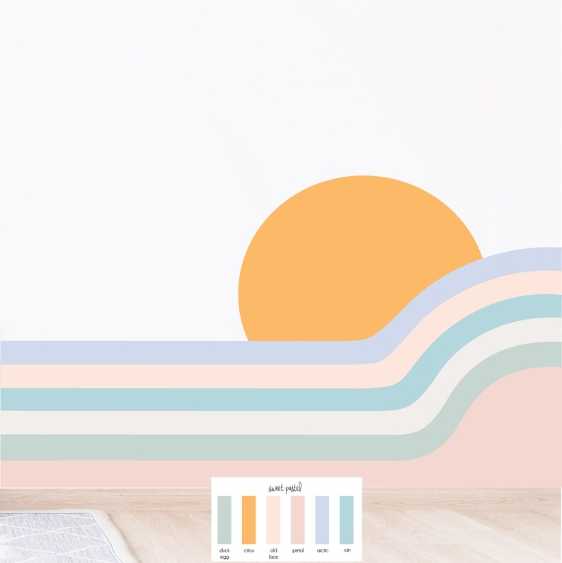 Puede incluir: Una impresi&oacute;n digital de arte de pared que presenta una puesta de sol estilizada con un gran sol naranja y olas en capas de color azul pastel, verde y rosa. La impresi&oacute;n est&aacute; etiquetada como "sweet pastel" e incluye una paleta de colores con los nombres "duck egg", "citrus", "old lace", "petal", "arctic" y "fern".