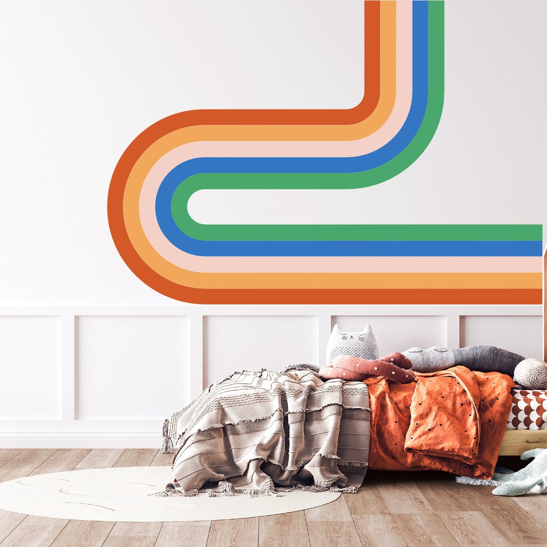 Retro Stripe Wall Decal Half Curve Rainbow Wall Decal Cobalt Blue and