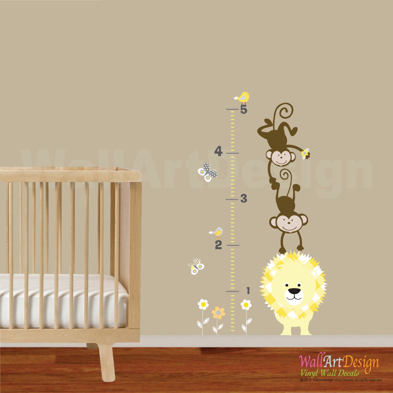 Vinyl Wall Decal Growth Chart With Lionmonkeysflowersbirds Etsy