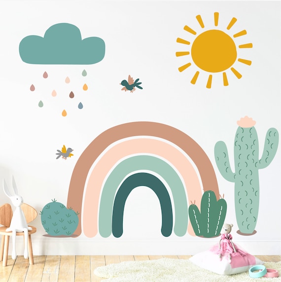 Wall Decal Rainbow and Cactus With Sun Boho Nursery Wall