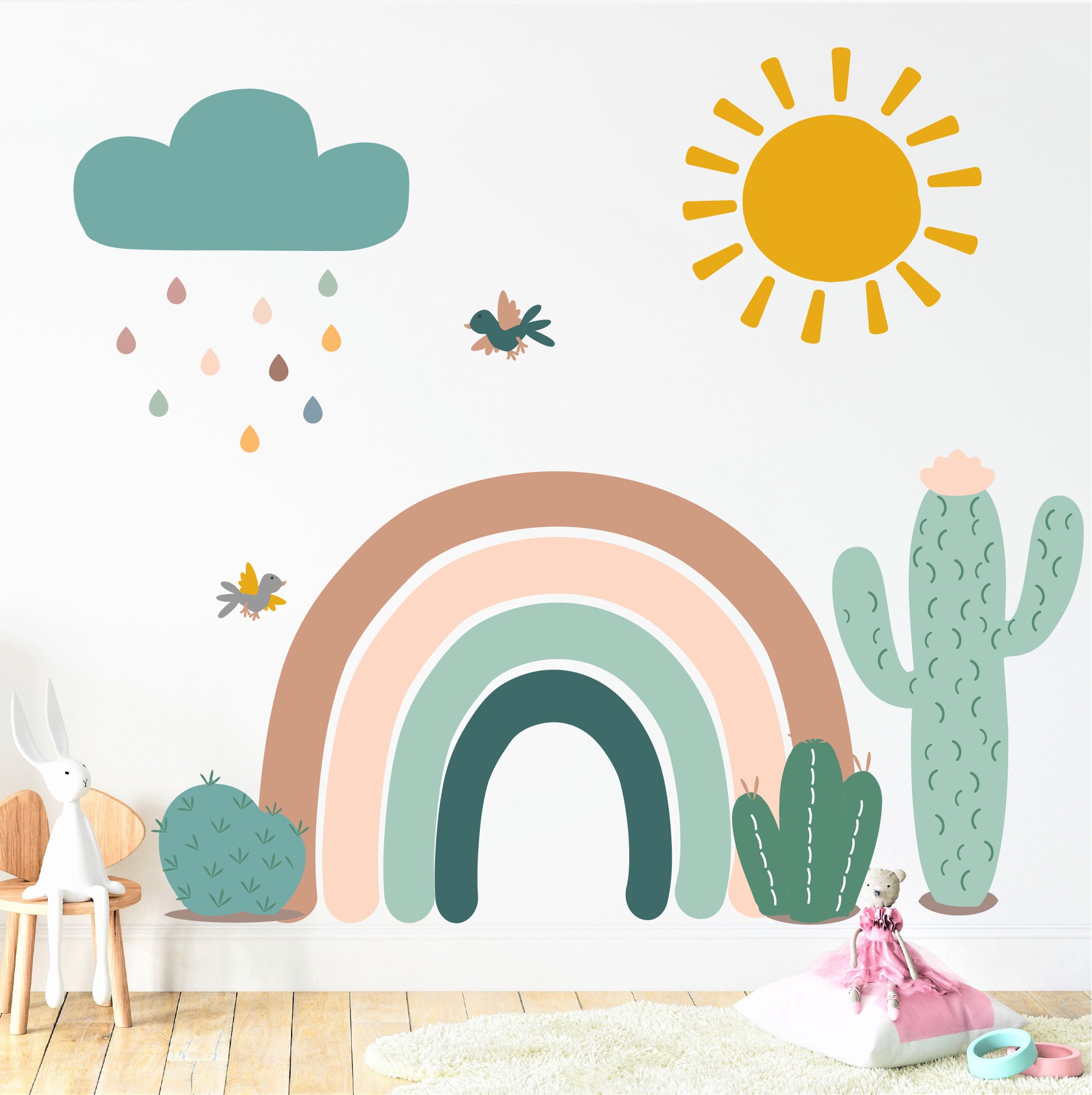 Wandtattoo Regenbogen und Kaktus mit Sonne Boho Kinderzimmer Wandaufkleber  Regenbogen Kaktus Tapete selbstklebend abziehen und aufkleben