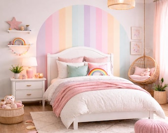 パステルストライプのアーチ型ウォールステッカー、女の子の子供部屋用の取り外し可能なレインボーステッカー