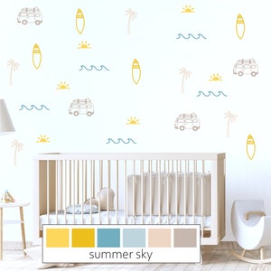 Ocean Wall Decals, Surf Wave Retro van Ocean Wall Decals, Palm Tree Decals, Sun Wall Decals, Boys Beach Room Decals