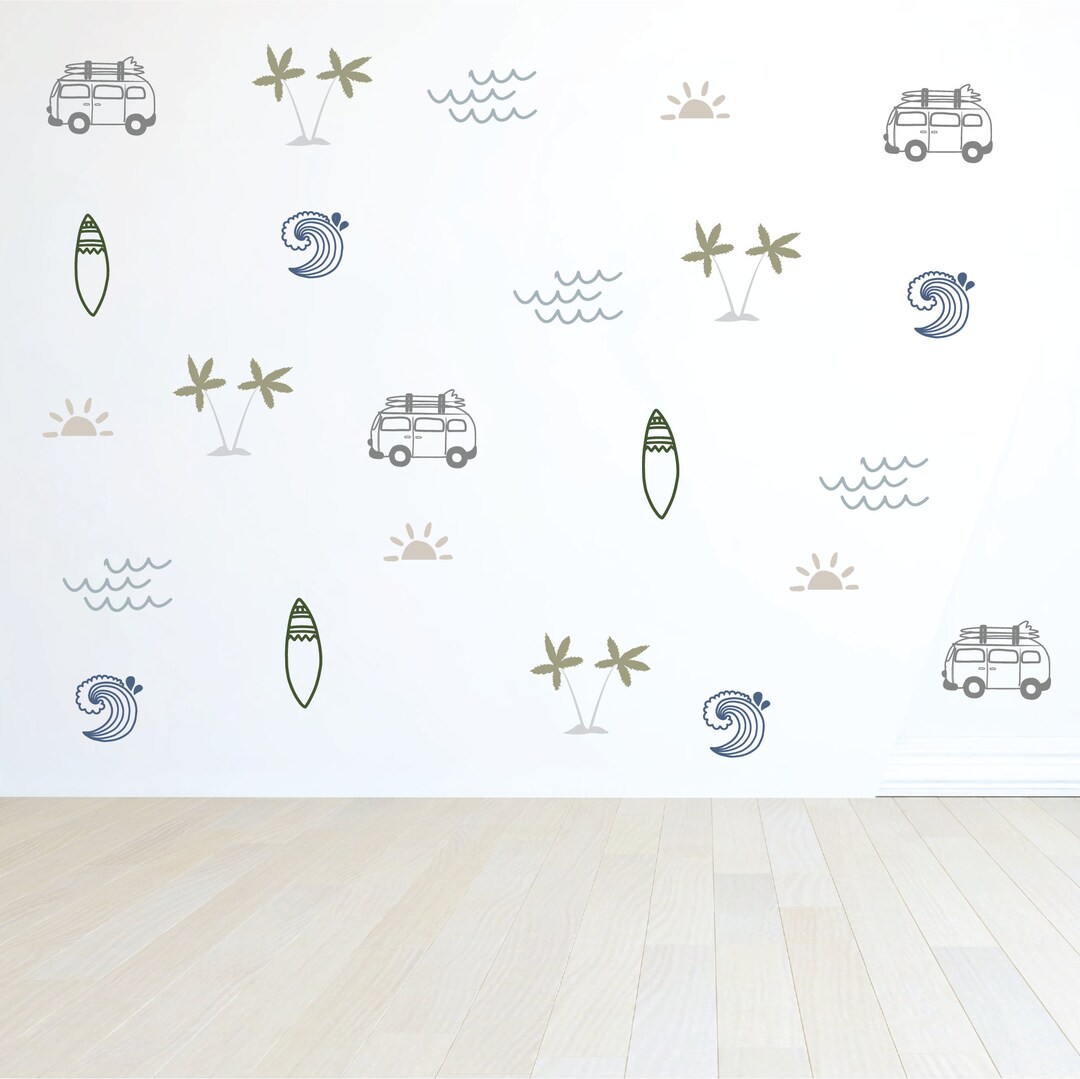 Ocean Wall Decals, Surf Wave Retro Van Ocean Wall Decals, Palm Tree ...