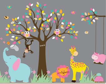 Vinyl Wall Decal  Jungle Safari Tree Monkeys Elephant Giraffe Vinyl Wall Art Decals Nursery Kids Boy girl