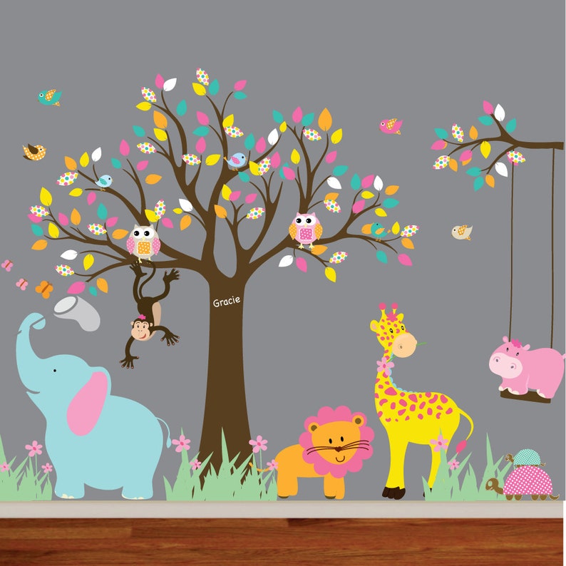 Vinyl Wall Decal Jungle Safari Tree Monkeys Elephant Giraffe Etsy Canada