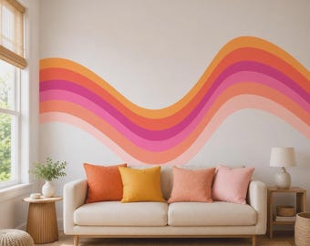Retro Stripe Wall Decal, Wavy Rainbow, Peel and Stick FABRIC, Kids Room, Airbnb Decor