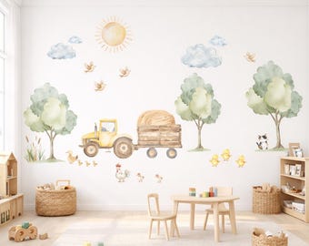 Vinyl Wall Decal: Watercolor Farm Nursery Decor Yellow Tractor Animal Peel and Stick Mural