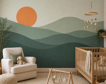 Mountain Wall Mural Sunset, Full Wall Wrap, Peel and Stick Wall Mural, Kids Room Wall Mural, Nursery Wall Wrap, Removable Wall Mural