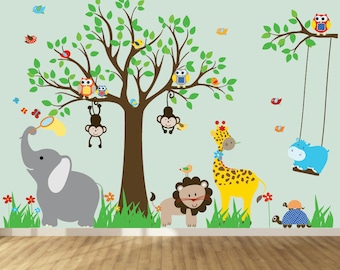 Vinilos decorativos de árboles para pared - Decoración para guardería - Habitación infantil con temática de safari en la jungla - Vinilos decorativos para pared de habitaciones infantiles - Adhesivos de pared reutilizables y removibles