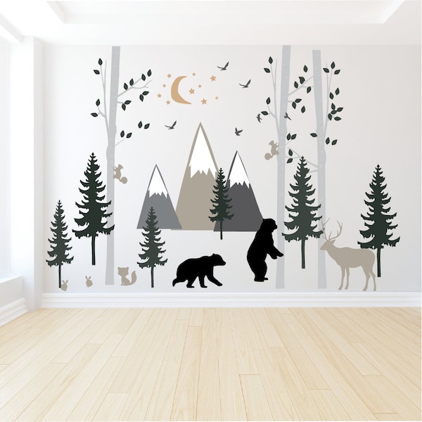 Birch Tree Forest - Woodland Wall Decal Birch Tree - Pine Tree Forest Wall Decals - Forest Scene Decals -  Forest Animals Baby Nursery