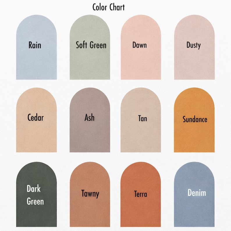 Puede incluir: Una carta de colores con doce formas arqueadas dispuestas en tres filas. Cada arco muestra un color &uacute;nico etiquetado con texto: Rain, Soft Green, Dawn, Dusty, Cedar, Ash, Tan, Sundance, Dark Green, Tawny, Terra y Denim.