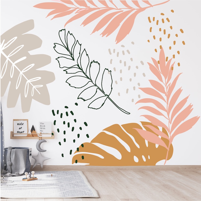 Large leaf abstract fabric wall decal mural image 1