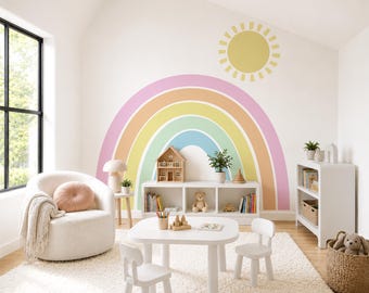 Verwijderbare muurstickers in pastelkleuren met regenboogmotief voor de kinderkamer of speelkamer.