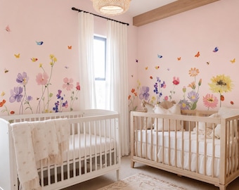Grote pastelkleurige bloemen muurstickers – aquarel bloemenmuurschildering, verwijderbare textielstickers voor de babykamer en kinderkamer