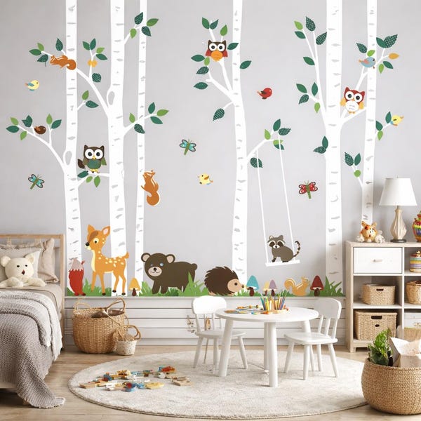 Adesivi murali con alberi del bosco per la cameretta dei bambini, adesivi murali per la cameretta dei bambini, adesivi murali per la cameretta dei bambini con gufo, uccelli e scoiattolo, decorazioni per la cameretta dei bambini