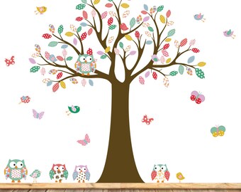 Vinyl Wall Decal  Children wall decal Wall Sticker tree decal - pattern leaf tree - with owls birds butterflies