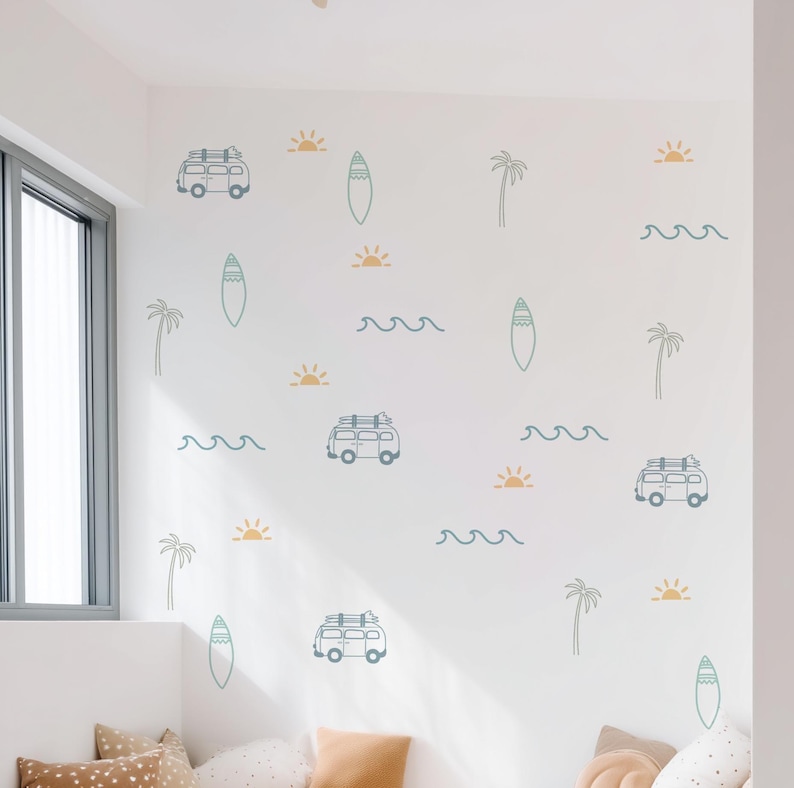 Ocean Wall Decals, Surf Wave Retro Van Ocean Wall Decals, Palm Tree ...