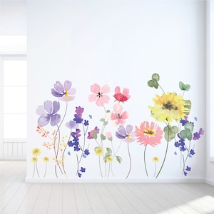 花のウォールデカール - 保育園の装飾 - 水彩画の花のウォールアート - 子供部屋用デカール - 再利用可能で剥がせるウォールステッカー
