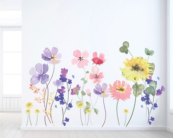 Large Flower Wall Decals - Pastel Watercolor Floral Mural - Big Flower Wall Stickers - Peel and Stick Wall Stickers - Nursery Wall Decals