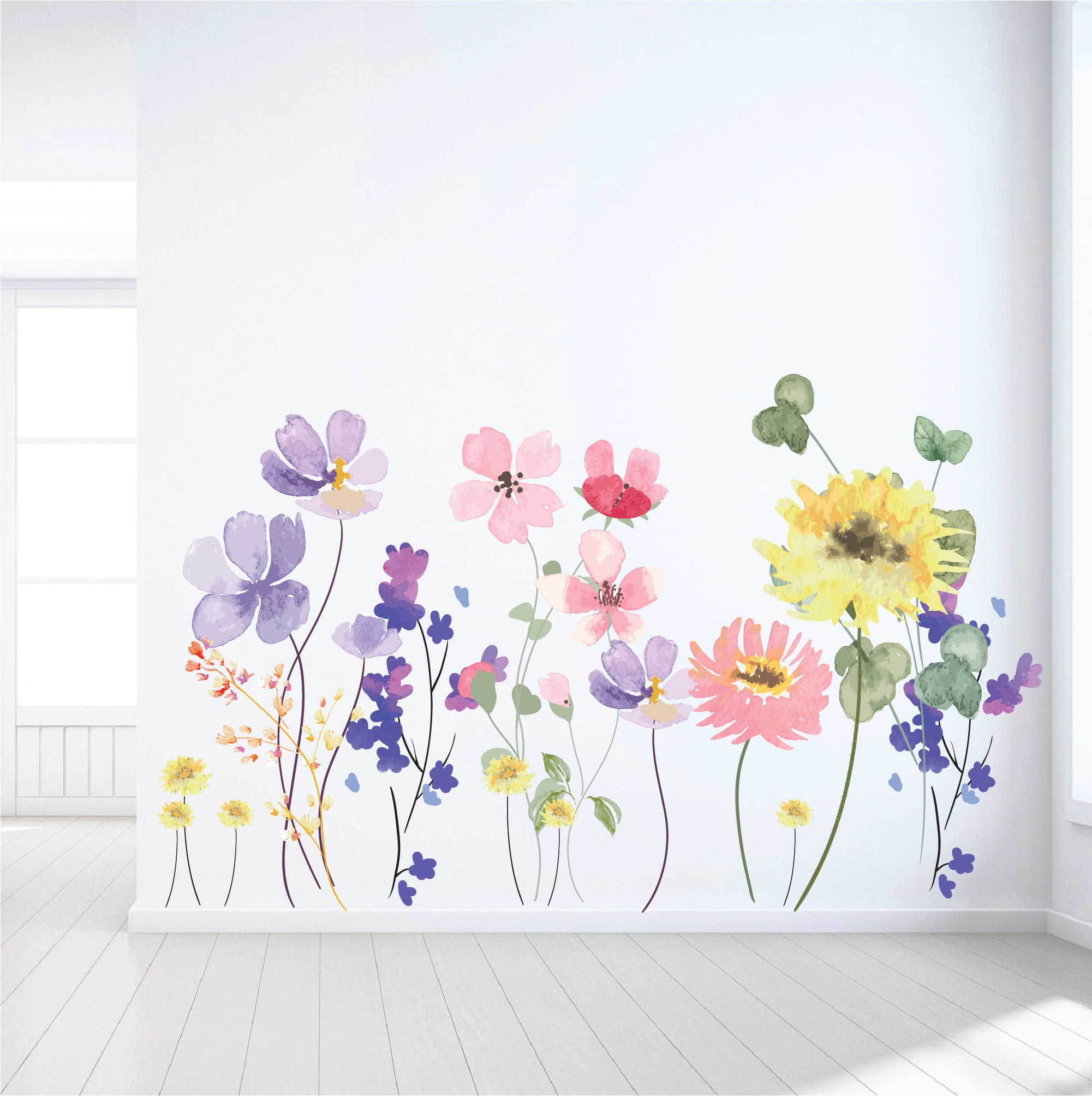 Large Flower Wall Decals – Pastel Watercolor Floral Mural for Nursery & Living Room