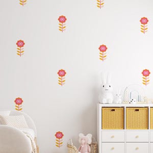 Mid-Century Style Floral Vinyl Wall Decals: Peel and Stick, Bright Pink Orange Yellows - Retro Decor, Mid Century Wall Decor, Flower Power