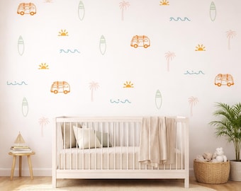 Wall Decals - Ocean Wave Wall Sticker - Beach Vibes Boys Room - Surfboard Wall Decals - Coastal Kids Room - Waves and Surf Deco