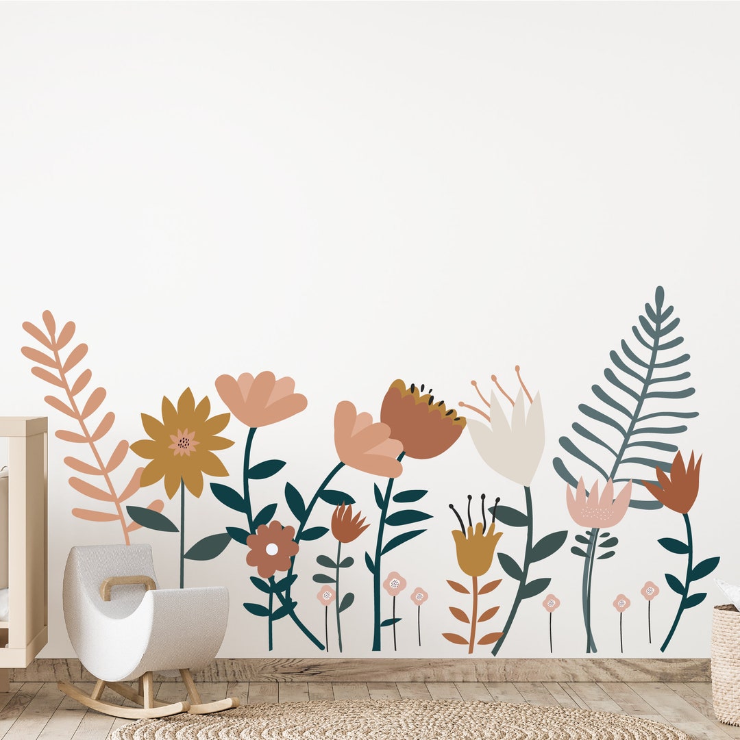 Large Flower Wall Decals With Stems Boho Floral Wall Decals Etsy